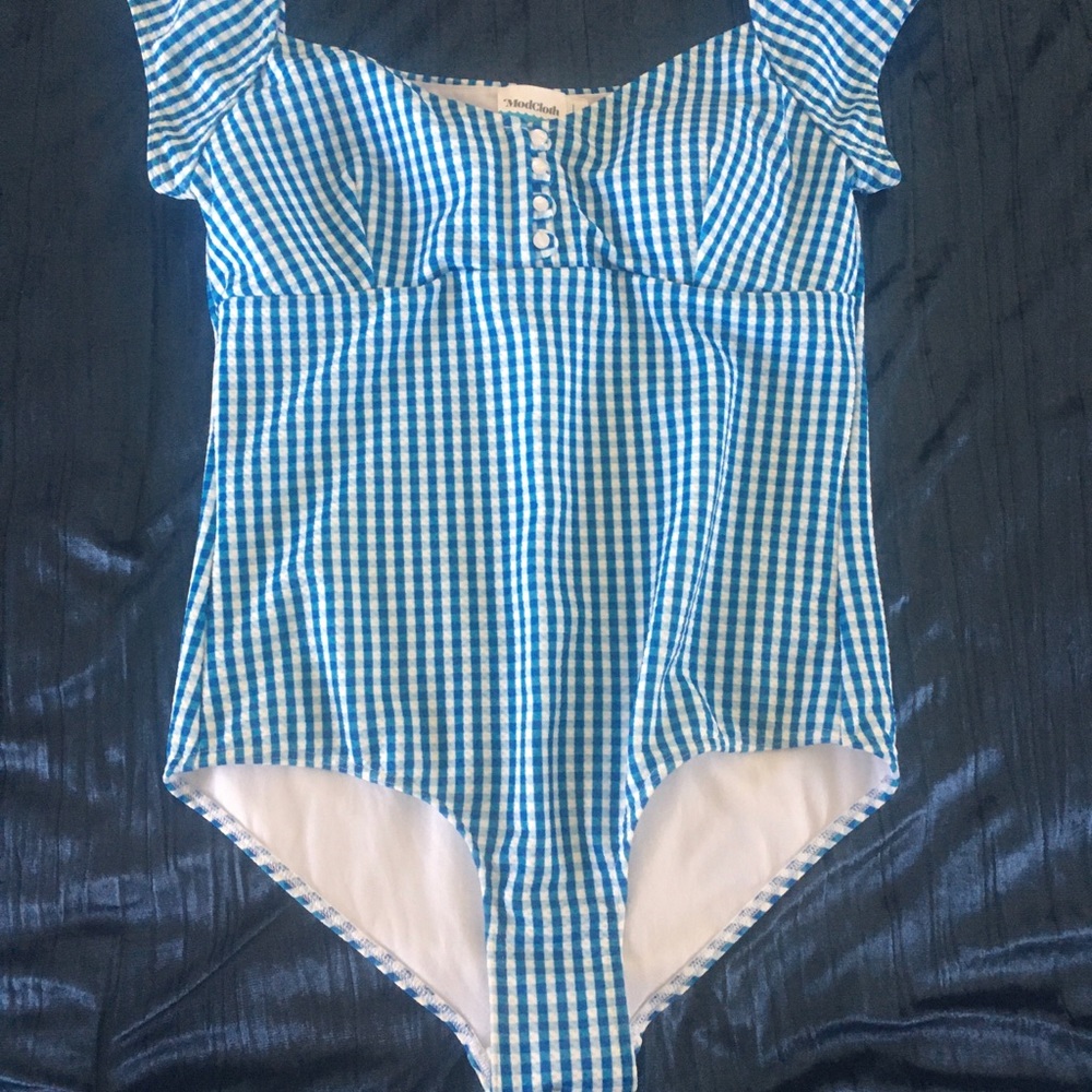 ModCloth Blue Gingham One-piece Swimsuit Size L